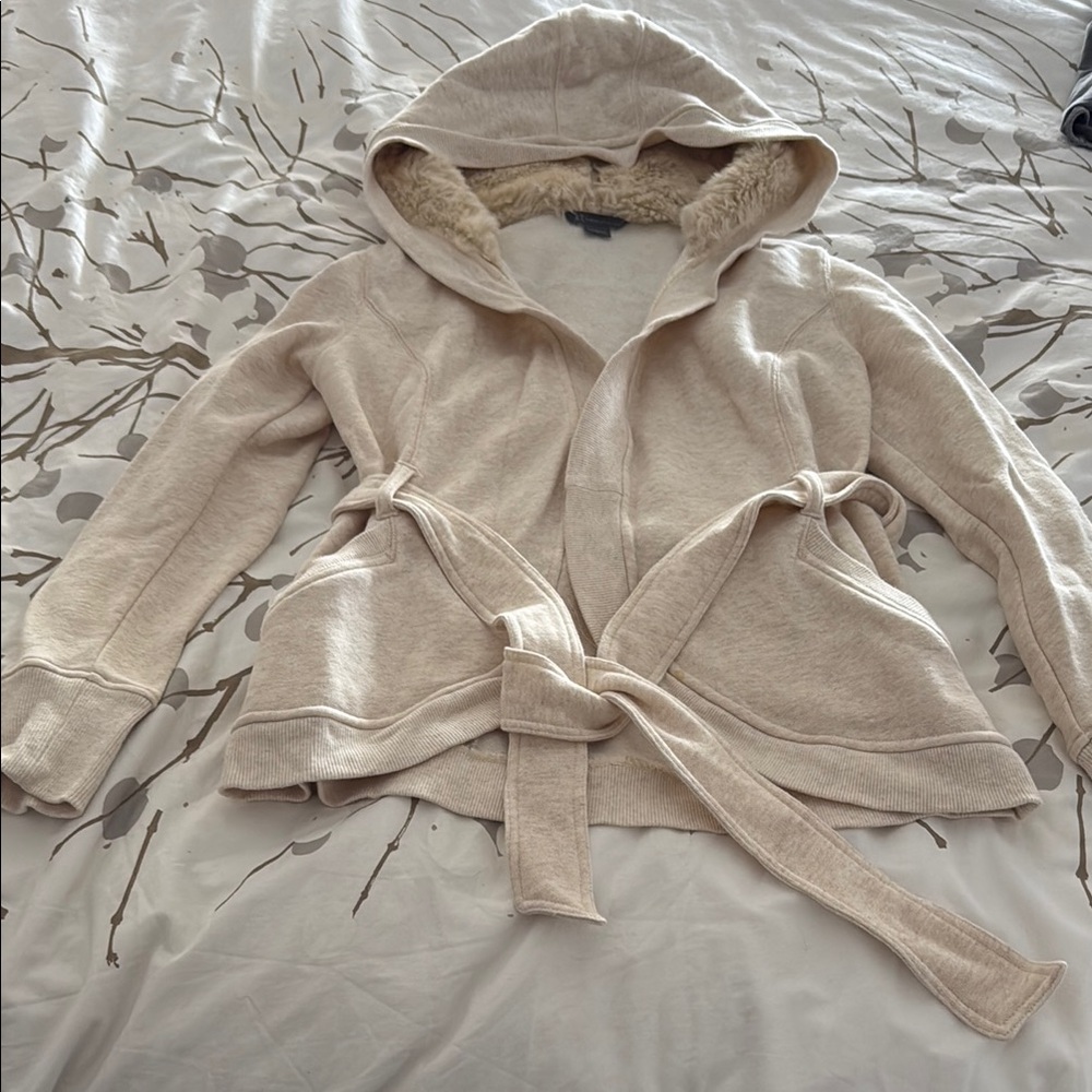 Armani Exchange Cream Fur Hooded Robe Jacket with Belt